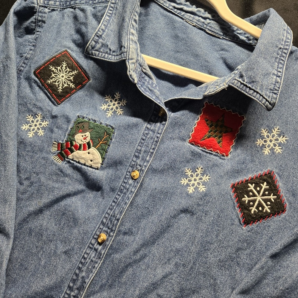 Vintage Denim Christmas Shirt Embroidered‎ Snowman Snowflakes XL 2XL VTG